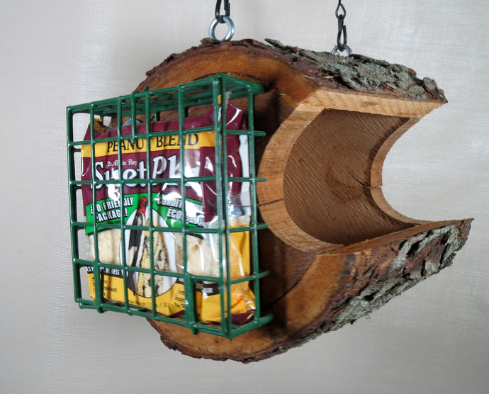 Log Bird Feeder Combo seed & Suet bird feeder, created and designed by Schoolhouse Woodcrafts-Hardwood Wild Cherry