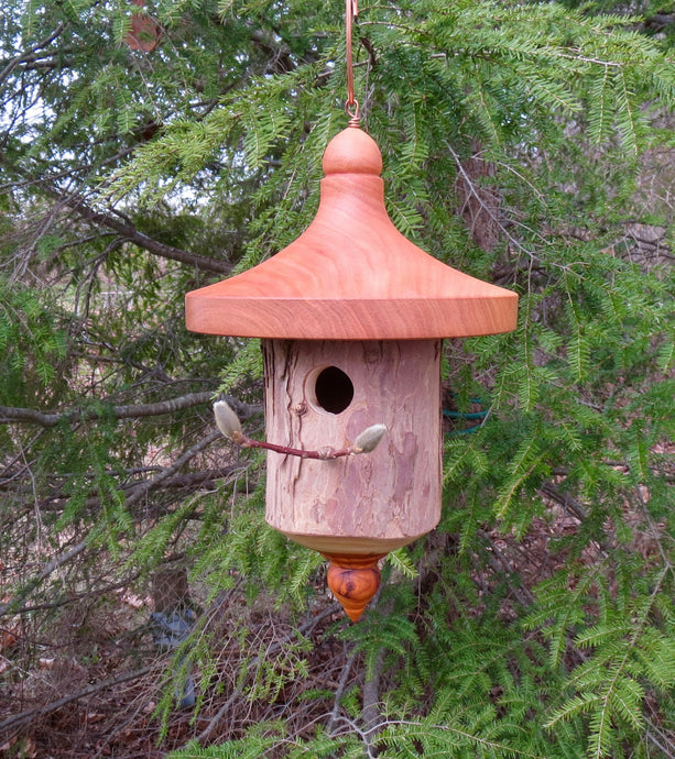 Turned usable yew Birdhouse designed and created by Schoolhouse Woodcrafts