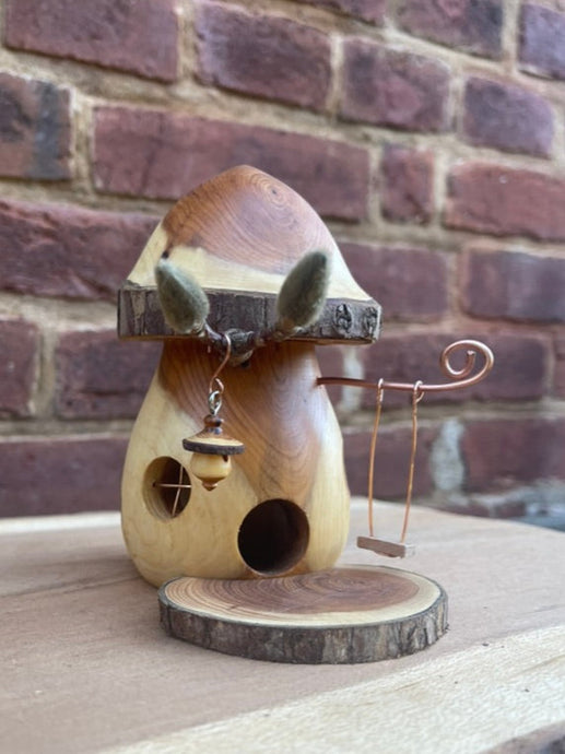 Fairy House, Hand-Turned Mushroom-Shaped Fairy House with Swing