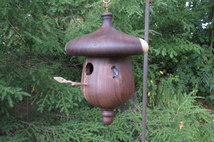 Walnut acorn shaped usable birdhouse, created by Schoolhouse Woodcrafts