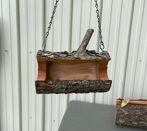 Cherry Log Hanging Bird Feeder with branch/perch The Original Natural Log Seed Feeder, Medium Bird Feeder