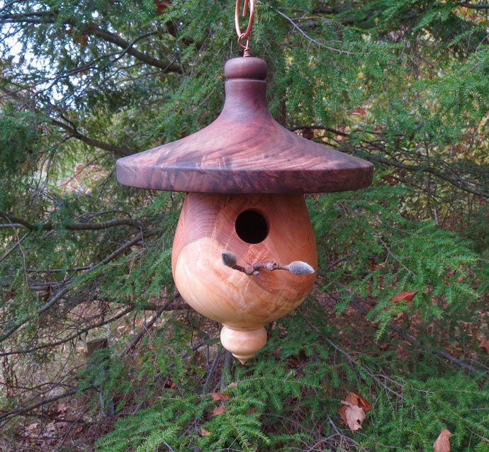 Stunning Cherry and Black Walnut hand turned birdhouse, designed and created by Schoolhouse Woodcrafts