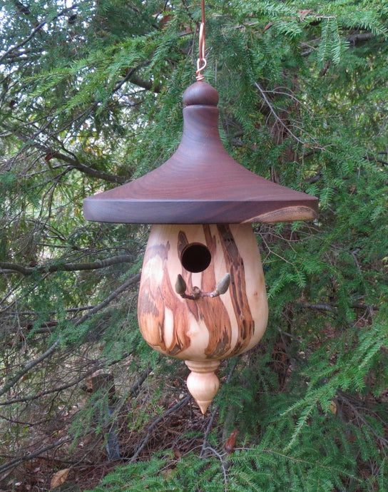 Outdoor Black Walnut And Ambrosia Maple Turned Birdhouse Designed and created by Schoolhouse Woodcrafts