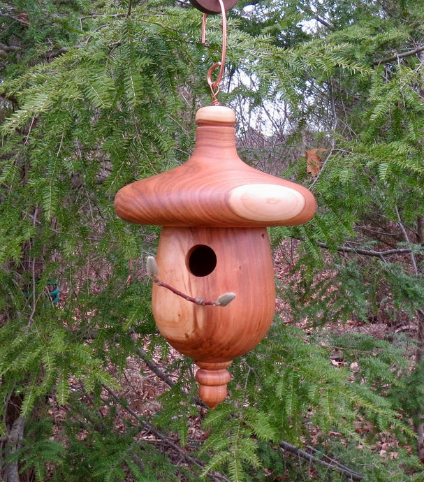 Black Cherry turned usable birdhouse, designed and created by Schoolhouse Woodcrafts