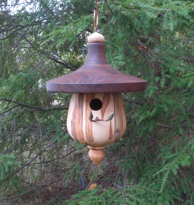 Large Walnut and Ambrosia Maple birdhouse, designed and created by Schoolhouse Woodcrafts