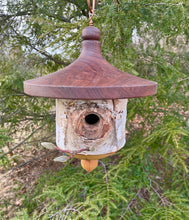 Wooden birdhouse hanging from a tree branch with a natural background