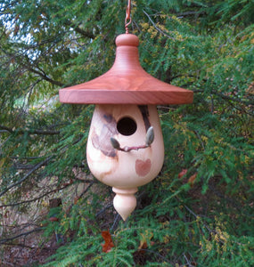 Beautiful usable Cherry and Ambrosia Maple turned birdhouse by Schoolhouse Woodcrafts