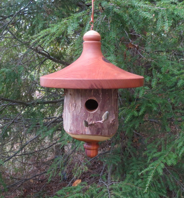 Cherry and Yew bark birdhouse, designed and created by Schoolhouse Woodcrafts