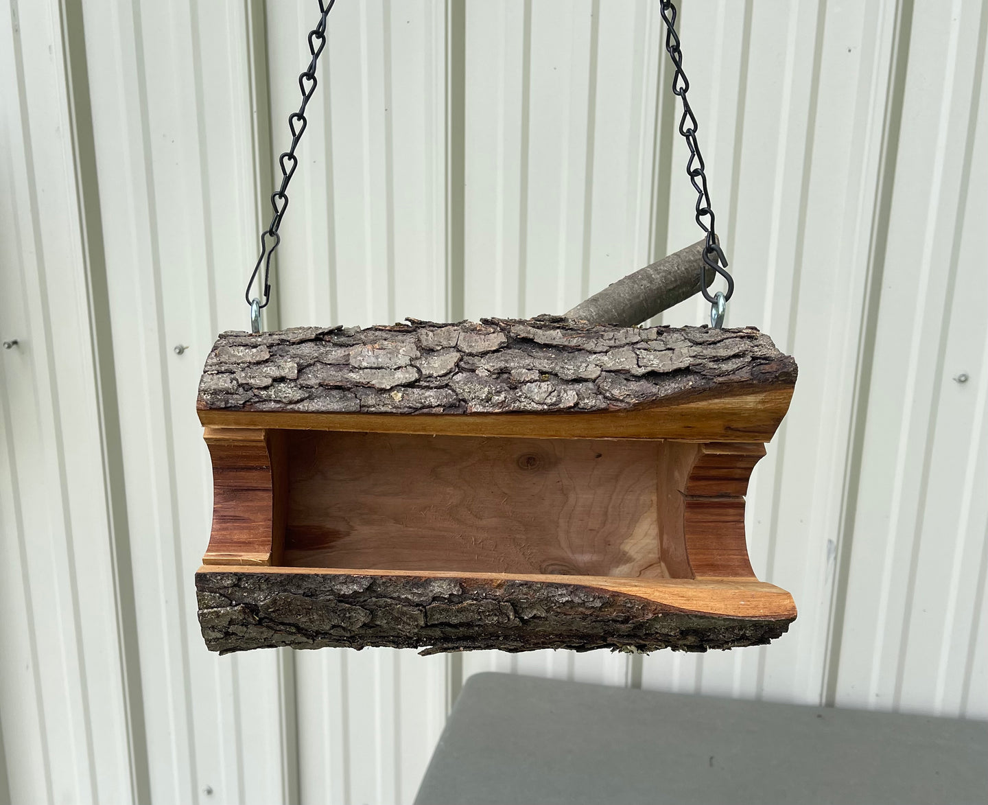 Cherry Log Hanging Bird Feeder with branch/perch The Original Natural Log Seed Feeder, Medium Bird Feeder