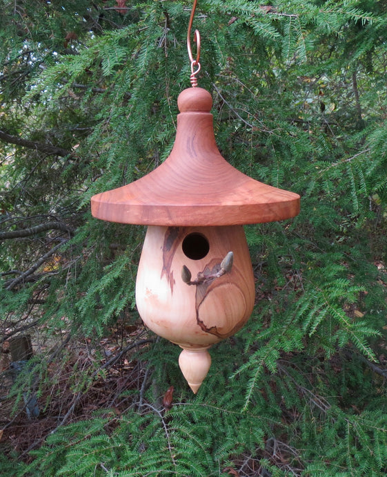 Beautiful usable Cherry and Ambrosia Maple turned birdhouse by Schoolhouse Woodcrafts