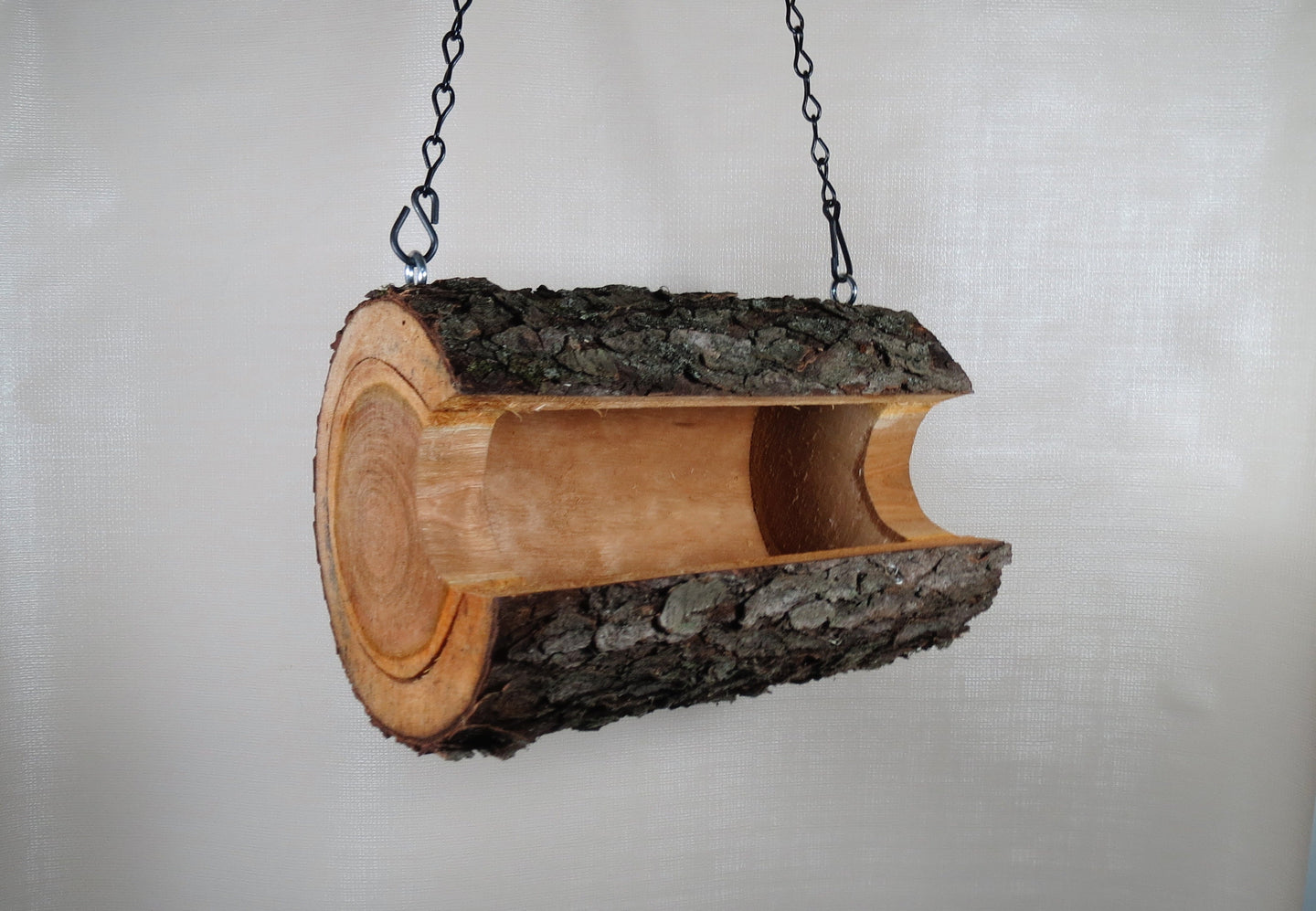 Bird feeder, natural log hanging bird feeder