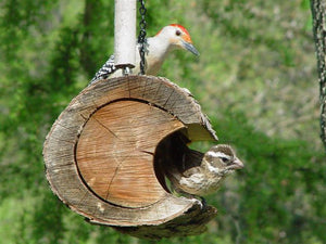 Log  bird feeder with birds made by Schoolhouse Woodcrafts