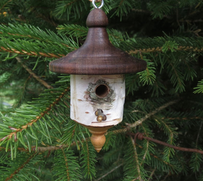 Hand turned birch and walnut birdhouse ornament