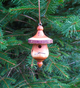 Yew birdhouse ornament designed and created by Schoolhouse Woodcrafts