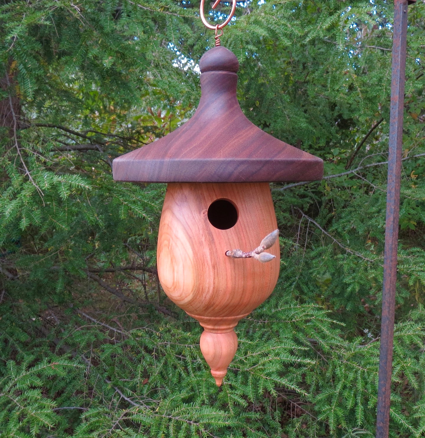 Cherry and Black Walnut turned birdhouse, designed and created by Schoolhouse Woodcrafts