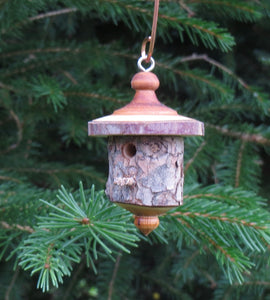 Turned bark birdhouse ornaments designed and created by Schoolhouse Woodcrafts
