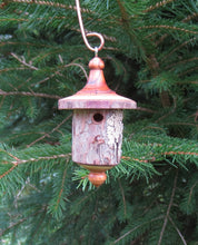 Yew bark birdhouse ornament designed and created by Schoolhouse Woodcrafts