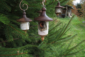 Birdhouse Ornament, Medium Large Black Walnut and White Birch Turned Ornament