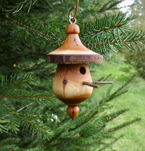 Yew birdhouse ornament designed and created by Schoolhouse Woodcrafts