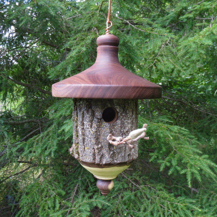 Birdhouse, Outdoor Walnut Bark Birdhouse, Turned
