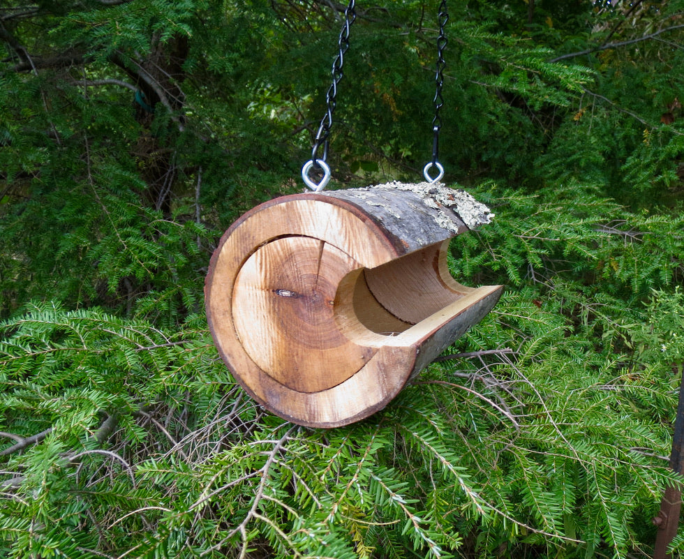 Maple log bird feeder, created and designed by Schoolhouse Woodcrafts