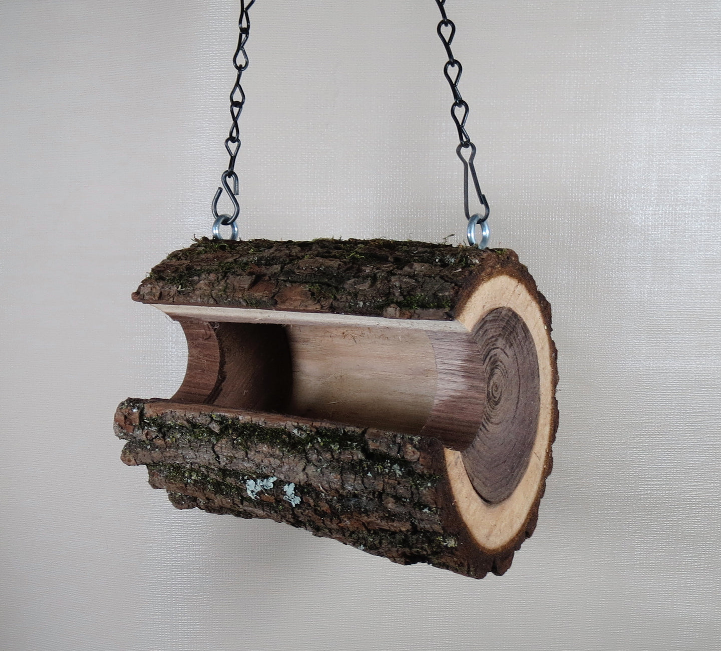 Bird feeder, birdfeeder, Walnut log bird feeder, designed and produced by Schoolhouse Woodcrafts