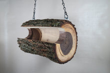walnut log bird feeder, designed and produced by Schoolhouse Woodcrafts