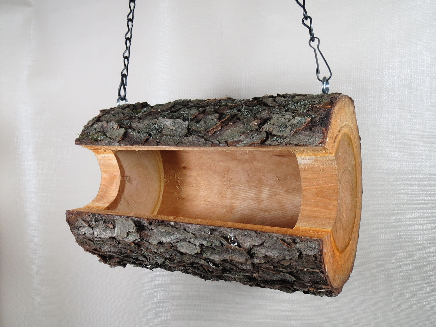 Large log bird feeder, hanging bird feeder, created by Schoolhouse Woodcrafts