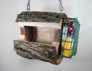 Bird feeder, Walnut log bird feeder, seed & suet feeder, Schoolhouse Woodcrafts