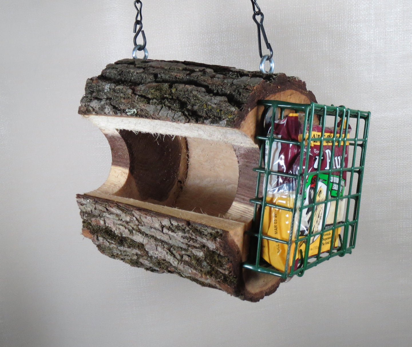 Walnut log bird feeder, seed & suet feeder by Schoolhouse Woodcrafts