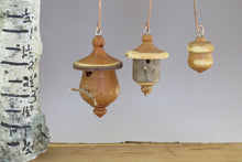 turned wood ornaments, birdhouses, yew acorn, birdhouse ornament