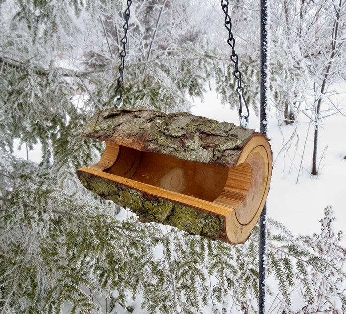 Wild cherry log hanging bird feeder, designed and made by Schoolhouse Woodcrafts