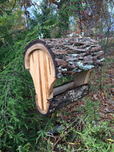 Bird Feeder, rustic Walnut fly-through feeder designed and produced by Schoolhouse Woodcrafts